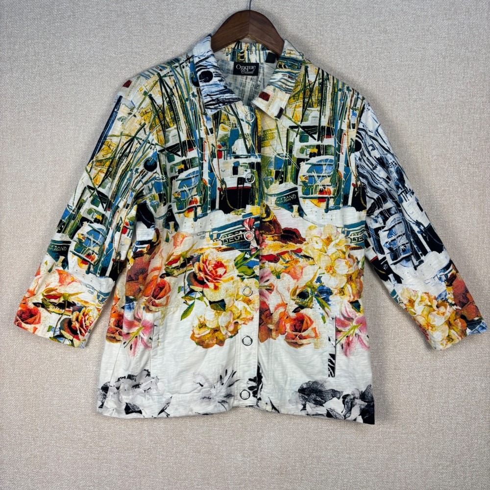 Onque Casual Womens XL Nautical Floral Snap Front Cotton Knit Jacket Sailboats